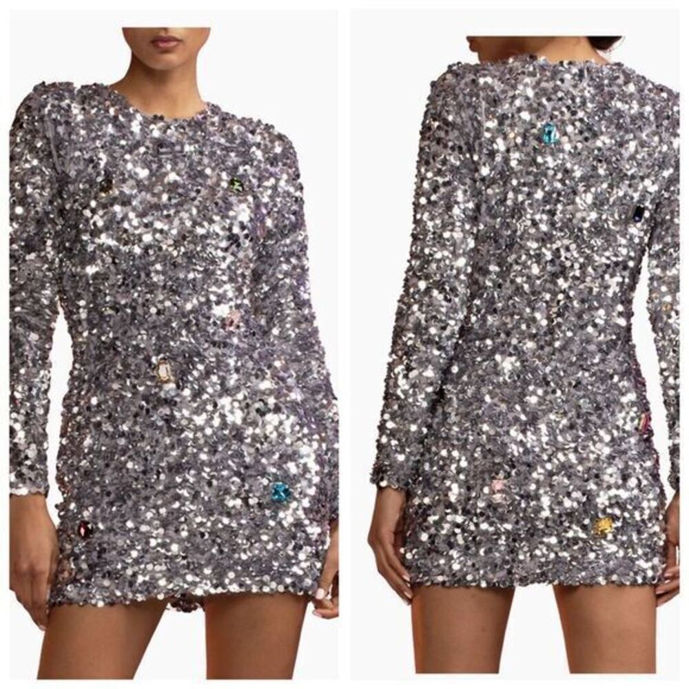 Cynthia Rowley Womens Sequin & Rhinestone Embellished Mini Dress Silver Sz 4 - Picture 1 of 12